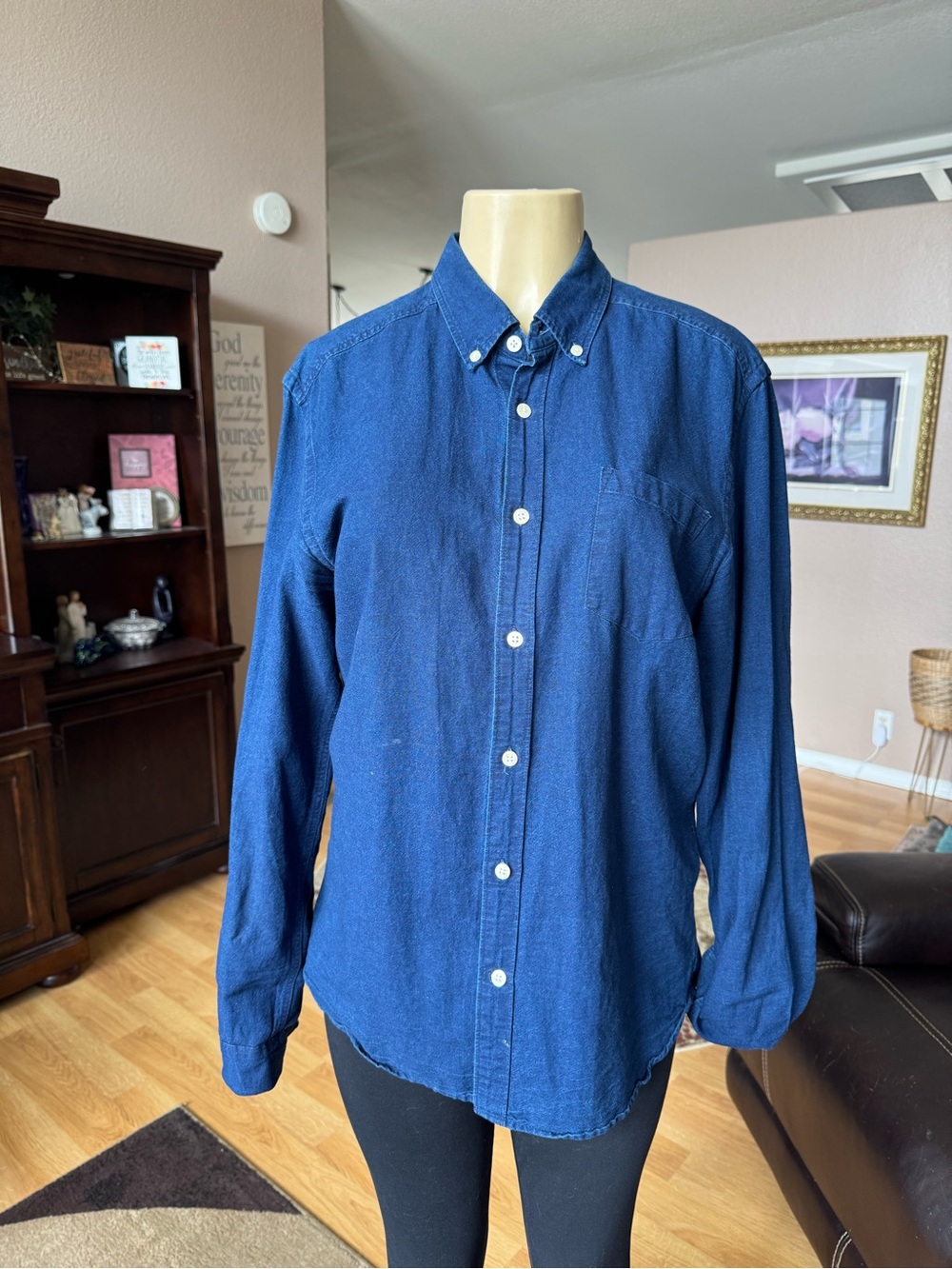 H&M dark blue denim button down long sleeve shirt-size M regular
